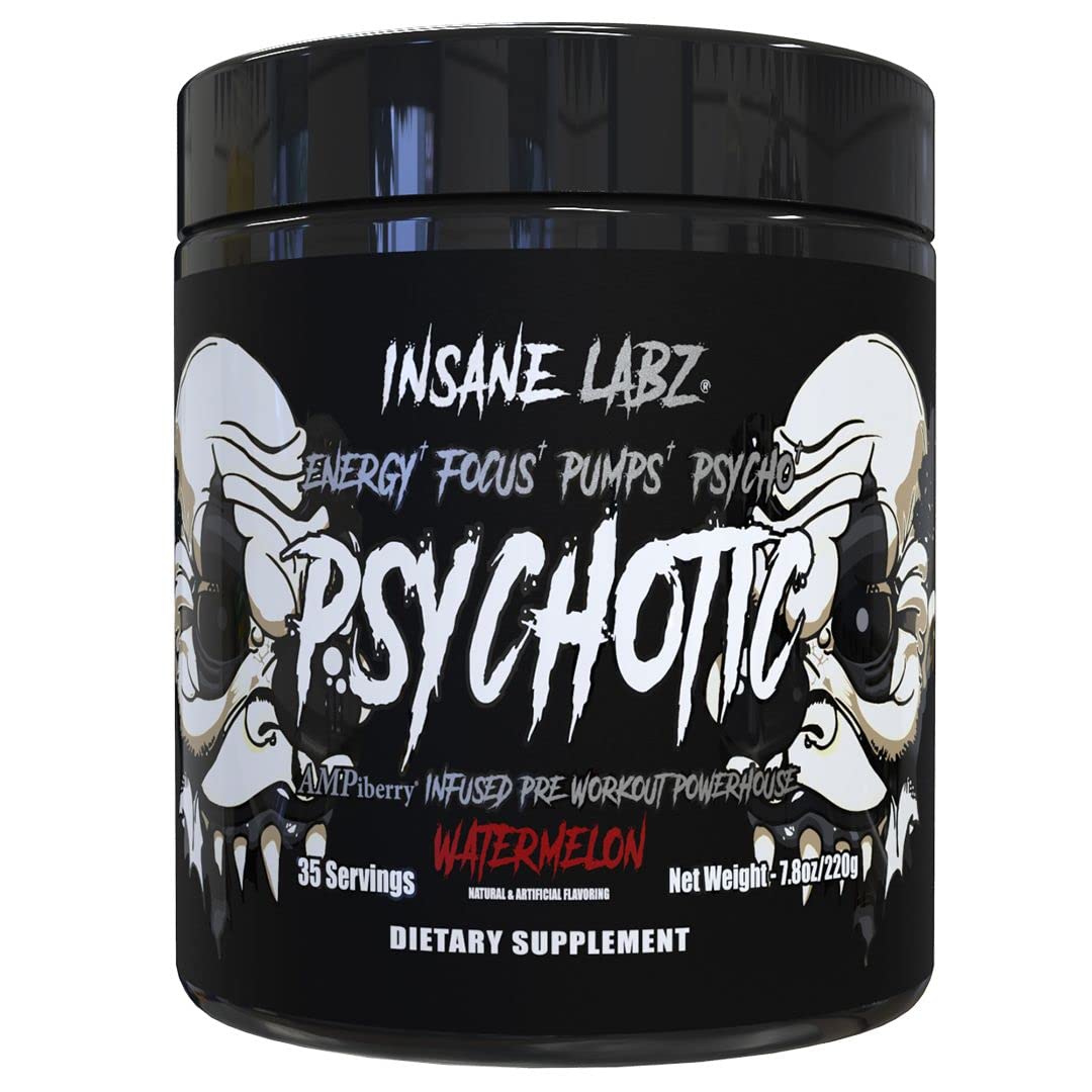 Insane Labz Psychotic Black Edition Mid Stimulant Pre Workout Powder, Energy Focus Pumps, Loaded with Creatine Beta Alanine Taurine Fueled by AMPiberry, 35 Servings (Blue Raspberry)