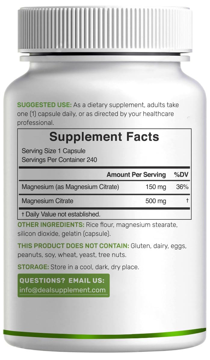 DEAL SUPPLEMENT Magnesium Citrate 500mg, 240 Capsules | Easily Absorbed, Purified Trace Mineral – One a Day, Non-GMO DEAL SUPPLEMENT