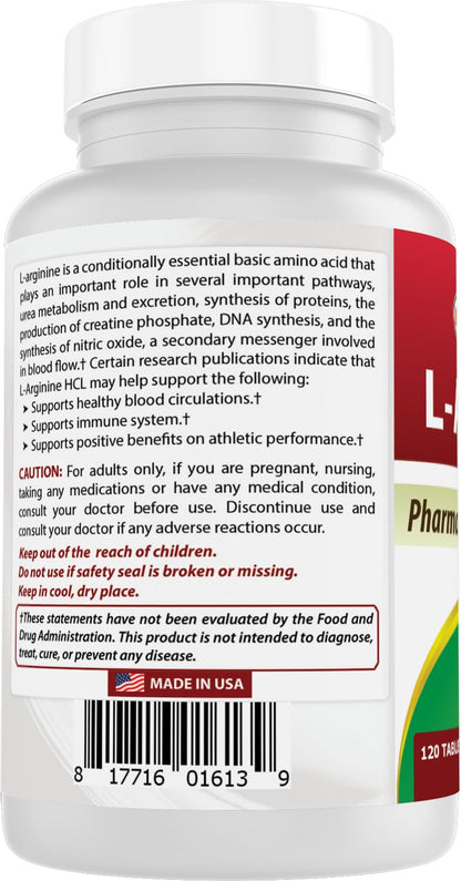 (New Improved Formula) Best Naturals L-Arginine 1000 mg 120 Tablets - Pharmaceutical Grade L Arginine Supplement Best Naturals