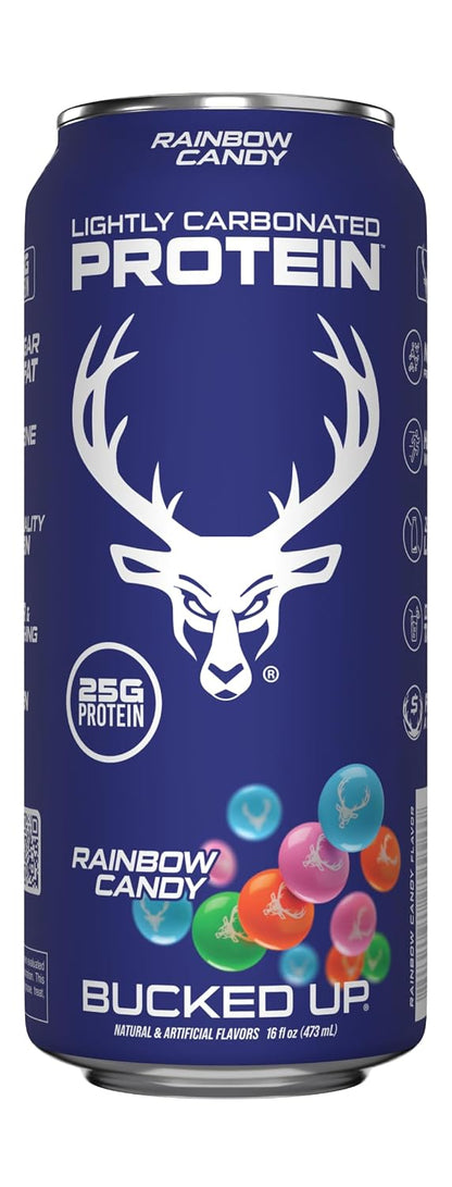 Bucked Up Lightly Carbonated Protein Soda | 25g Whey Isolate - Zero Sugar, Low Calorie, Caffeine Free, Clean Drink | Sparkling Protein Soda - 12 Pack, 16 oz Cans (Rainbow Candy)