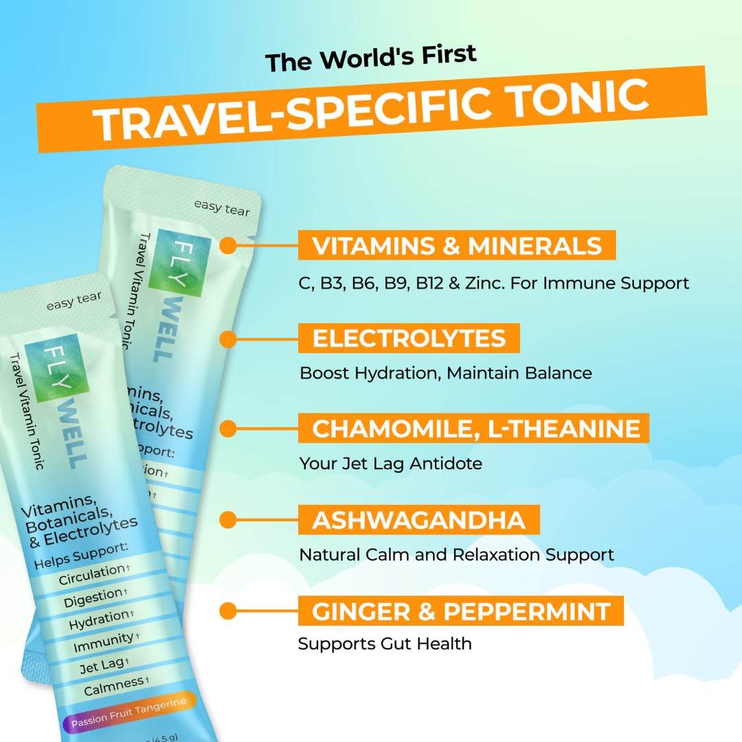 FlyWell Travel Vitamin Tonic for Flight, Jet Lag, Hydration, Circulation, Digestion & Immune Support, Promotes Calmness, Electrolyte Powder, Travel Essentials, FlyWell buy australia supplements
