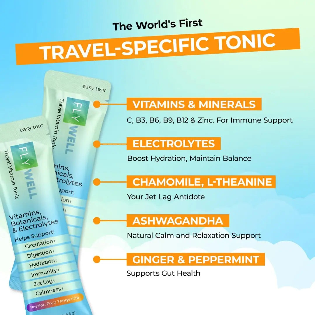FlyWell Travel Vitamin Tonic for Flight, Jet Lag, Hydration, Circulation, Digestion & Immune Support, Promotes Calmness, Electrolyte Powder, Travel Essentials, FlyWell
