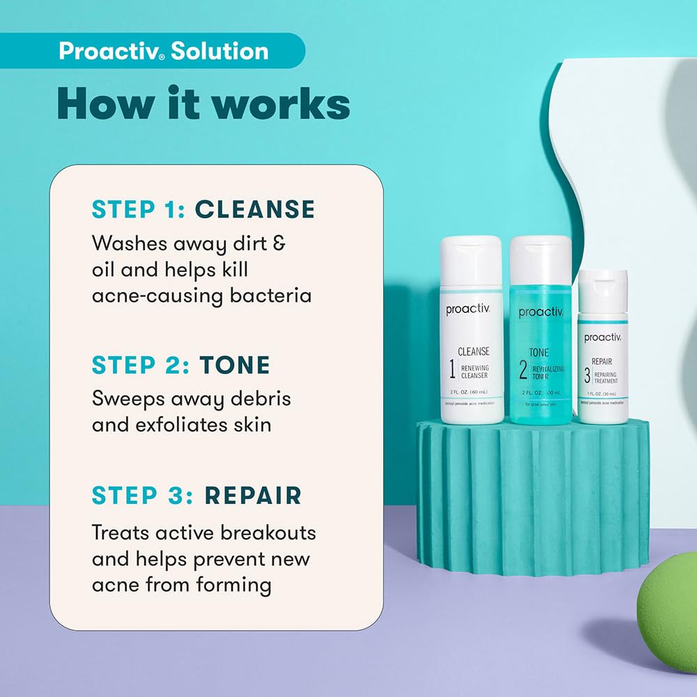 Proactiv 3 Step Acne Treatment - Benzoyl Peroxide Face Wash, Repairing Acne Spot Treatment for Face and Body, Exfoliating Toner - 30 Day Complete Acne Skin Care Kit Proactiv