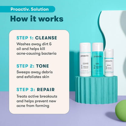 Proactiv 3 Step Acne Treatment - Benzoyl Peroxide Face Wash, Repairing Acne Spot Treatment for Face and Body, Exfoliating Toner - 30 Day Complete Acne Skin Care Kit Proactiv