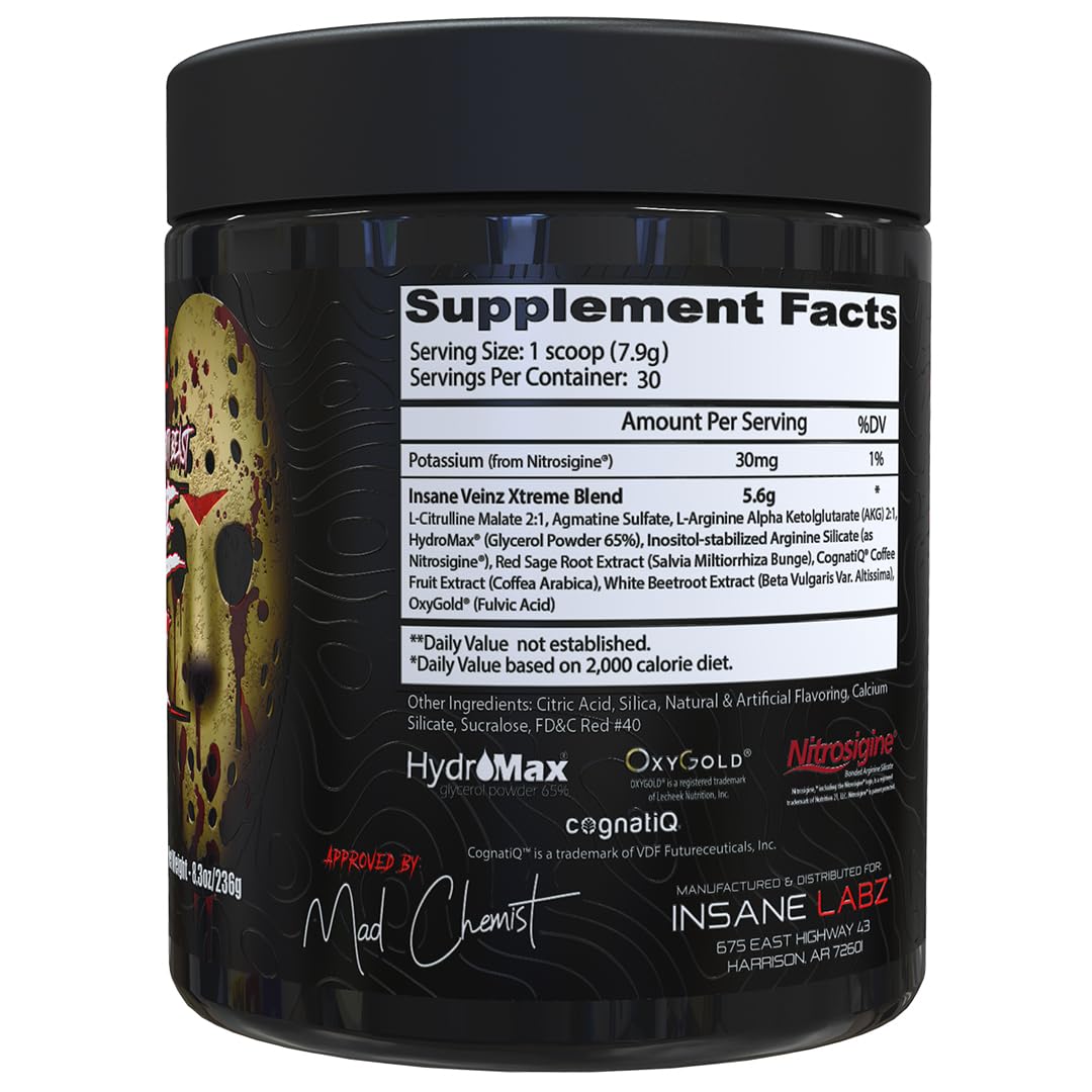 Insane Labz Insane Veinz Xtreme Non Stimulant NO Enhancing Powder, Nitric Oxide Booster, Loaded with L-Citrulline, Agmatine Sulfate and L-Arginine AKG, Increase Vascularity (30, Fruit Punch)