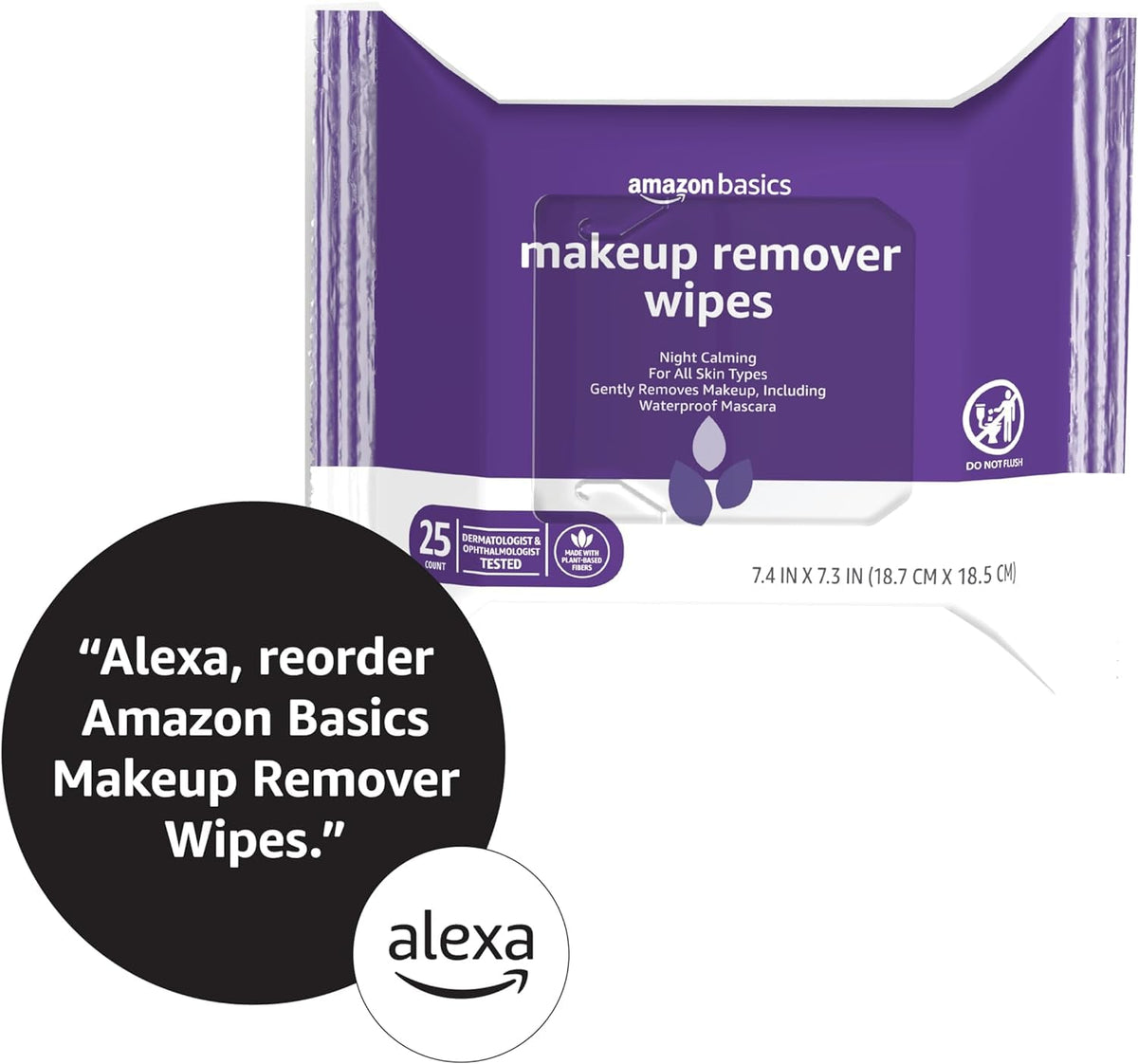 Amazon Basics Makeup Remover Wipes, Night Calming, Gentle Cleansing, Plant Based, Alcohol-Free, Removes Waterproof Mascara, Dermatologist Tested, 25 Count, 1-Pack Amazon Basics