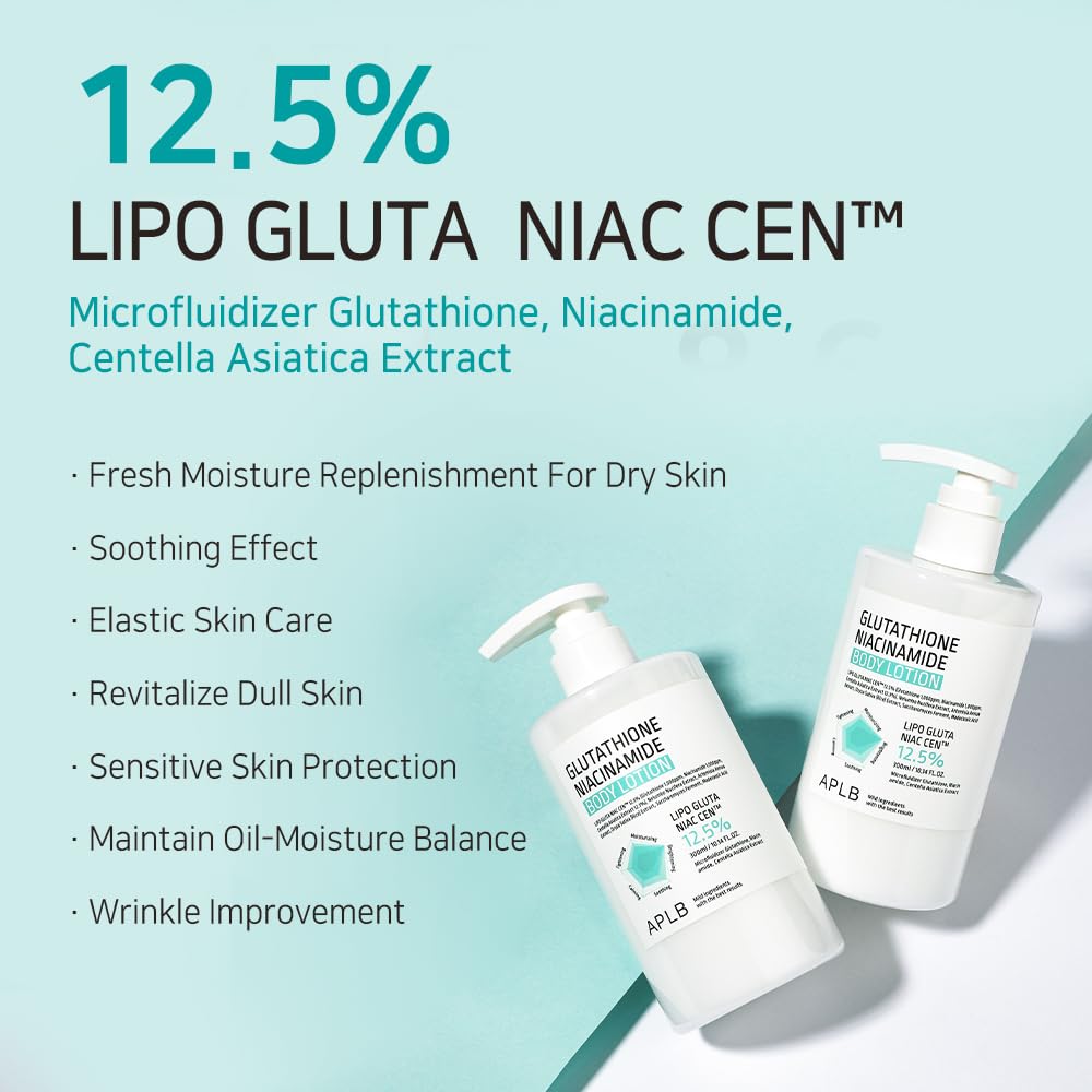 APLB Glutathione Niacinamide Body Lotion | LIPO GLUTA NIAC CEN™ 12.5% 10.14 FL.OZ/Korean Skincare, Long lasting hydration, Revitalize for gentle and improve skin texture APLB