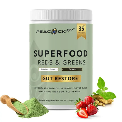 Superfood Reds & Greens Powder - 11.64 oz, Prebiotics & Probiotics for Digestive Health, Super Greens Powder with Ashwagandha for Gut Health, Immunity, Antioxidants, Peacock Max
