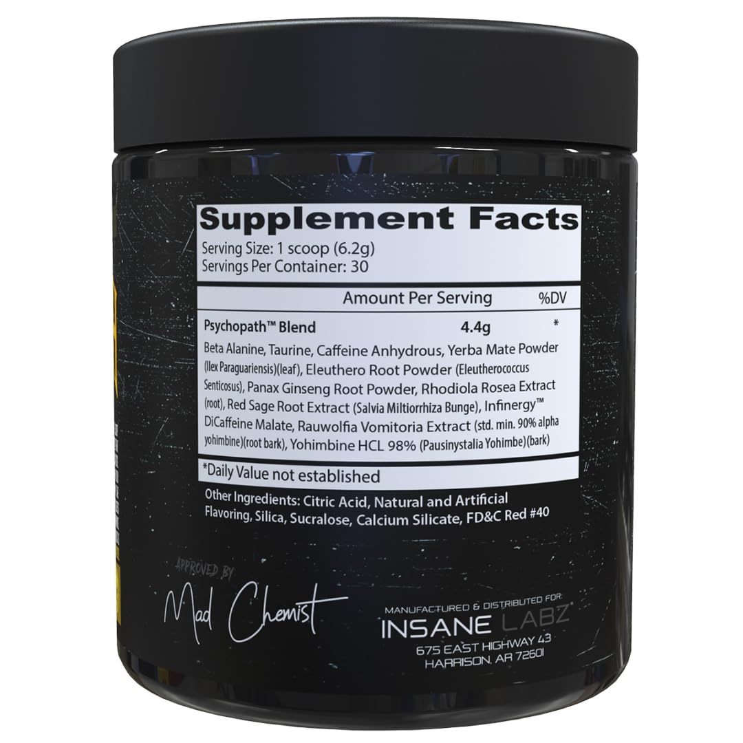 Psychopath, High Stimulant, Insane Energy, Focus and Endurance Preworkout Powder with Panax Ginseng, Rhodiola, Red Sage Root & Rauwolfia (30, Blue Raspberry)