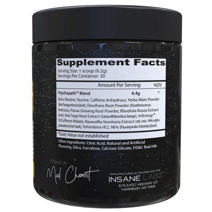 Psychopath, High Stimulant, Insane Energy, Focus and Endurance Preworkout Powder with Panax Ginseng, Rhodiola, Red Sage Root & Rauwolfia (30, Blue Raspberry)