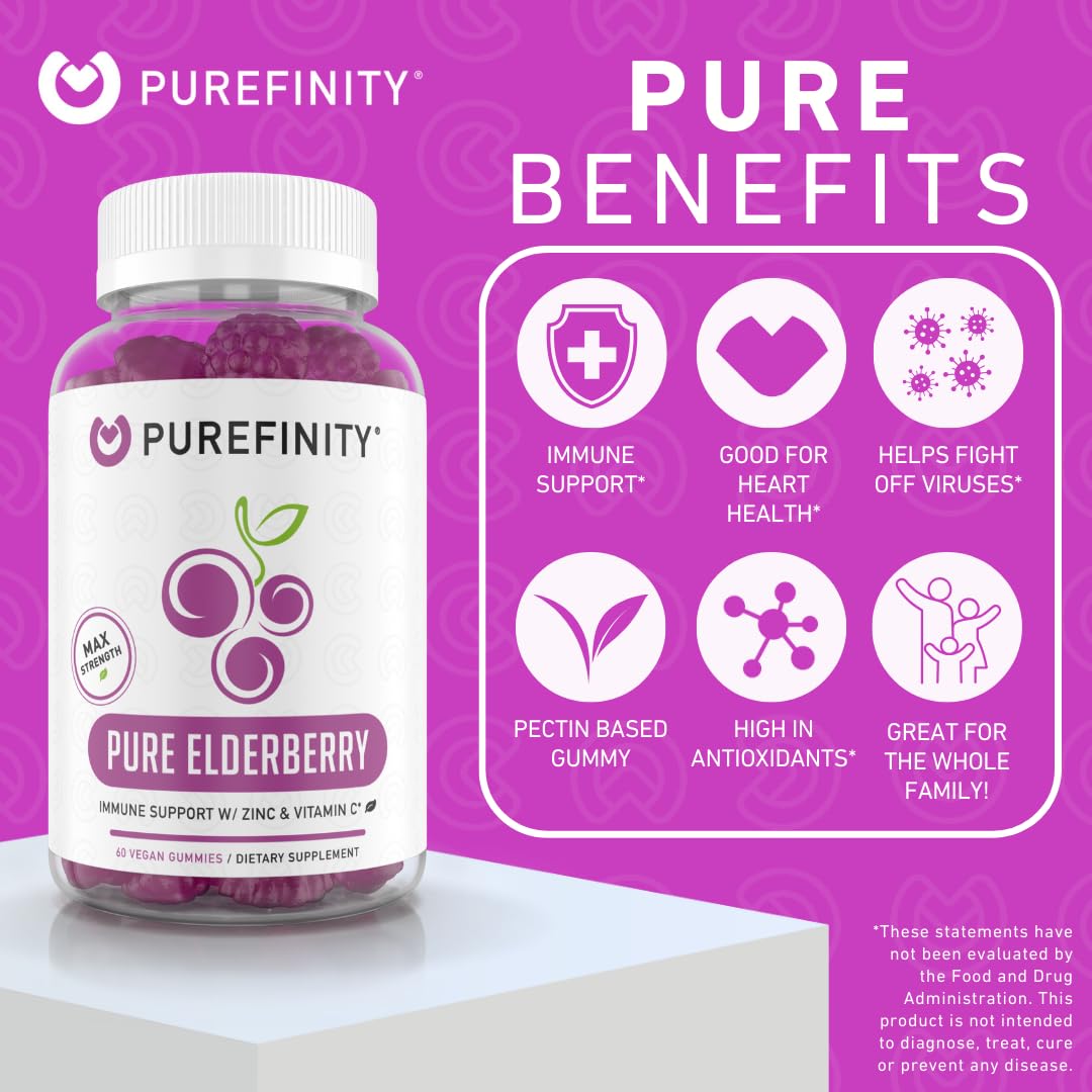 PUREFINITY Elderberry Gummies with Sambucus, Vitamin C, and Zinc – Your Perfect Daily 3-in-1 Supplement for Kids & Adults – Gluten Free, Non-GMO, Vegan, 60 Count