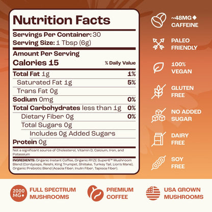 RYZE SUPERFOODS Mushroom Medium Roast Coffee USDA Organic with 6 Adaptogenic Mushrooms, USA Grown Instant Coffee for Better Energy RYZE SUPERFOODS