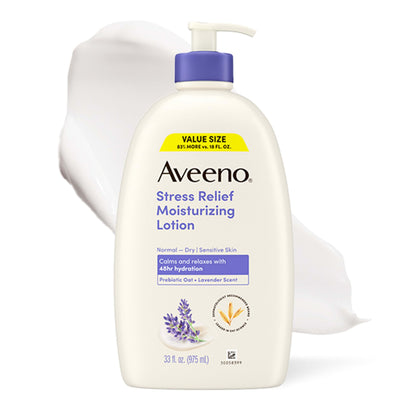 Aveeno Stress Relief Moisturizing Body Lotion, Lavender Scent with Prebiotic Oat for Sensitive Skin, Lightly Scented Lotion with 48-Hour Hydration, Fast Absorbing, Non-Greasy, Value Size 33 Fl Oz Aveeno