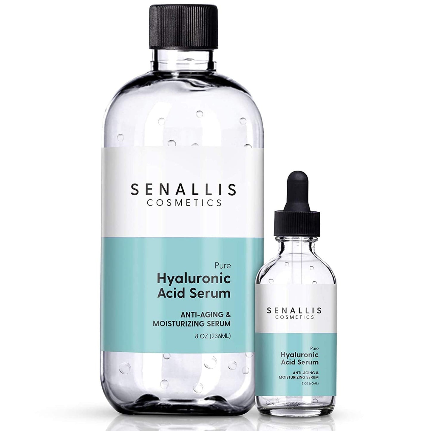 Hyaluronic Acid Serum 8 fl oz And 2 fl oz, Made From Pure Hyaluronic Acid, Anti Aging/Wrinkle, Ultra-Hydrating Moisturizer SenAllis Cosmetics