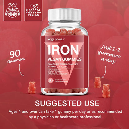 Vegan Iron Gummies Supplement - with Vitamin C, A, B-Complex, Folate, Zinc for Adults & Kids - Health Blood & Energy Support for Iron Deficiency, VEGEPOWER