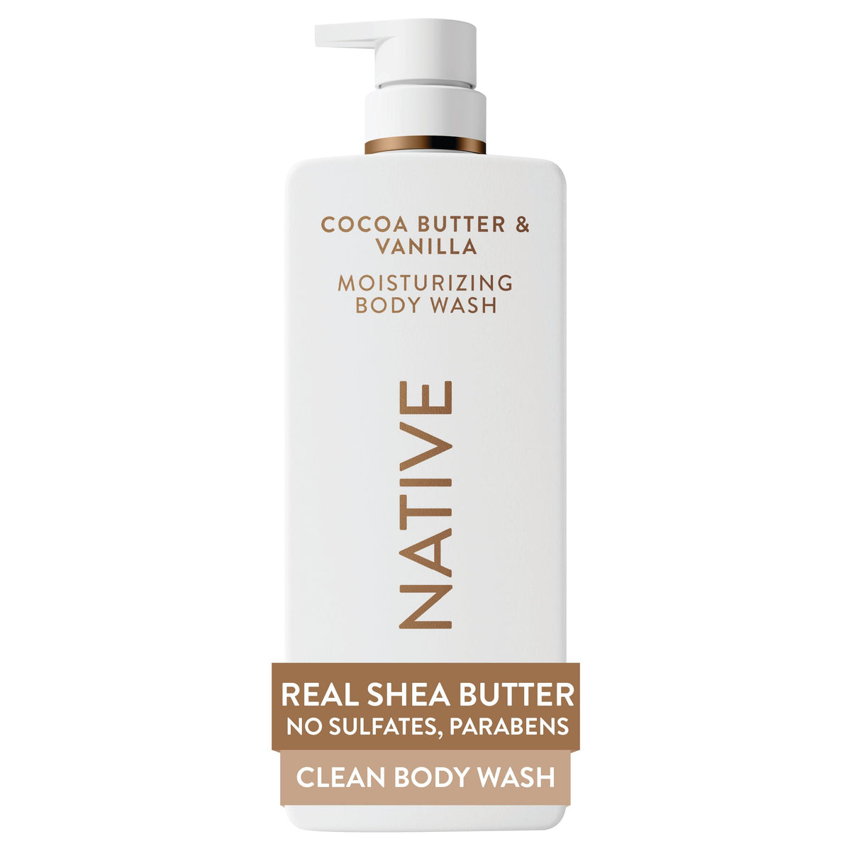 Native Moisturizing Body Wash, Clean & Gentle 24-Hour Hydration with Shea Butter, for Sensitive and Dry Skin, for Women & Men, Sulfate-free, Paraben-free, Cocoa Butter & Vanilla, 22 fl oz Native