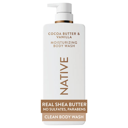 Native Moisturizing Body Wash, Clean & Gentle 24-Hour Hydration with Shea Butter, for Sensitive and Dry Skin, for Women & Men, Sulfate-free, Paraben-free, Cocoa Butter & Vanilla, 22 fl oz Native