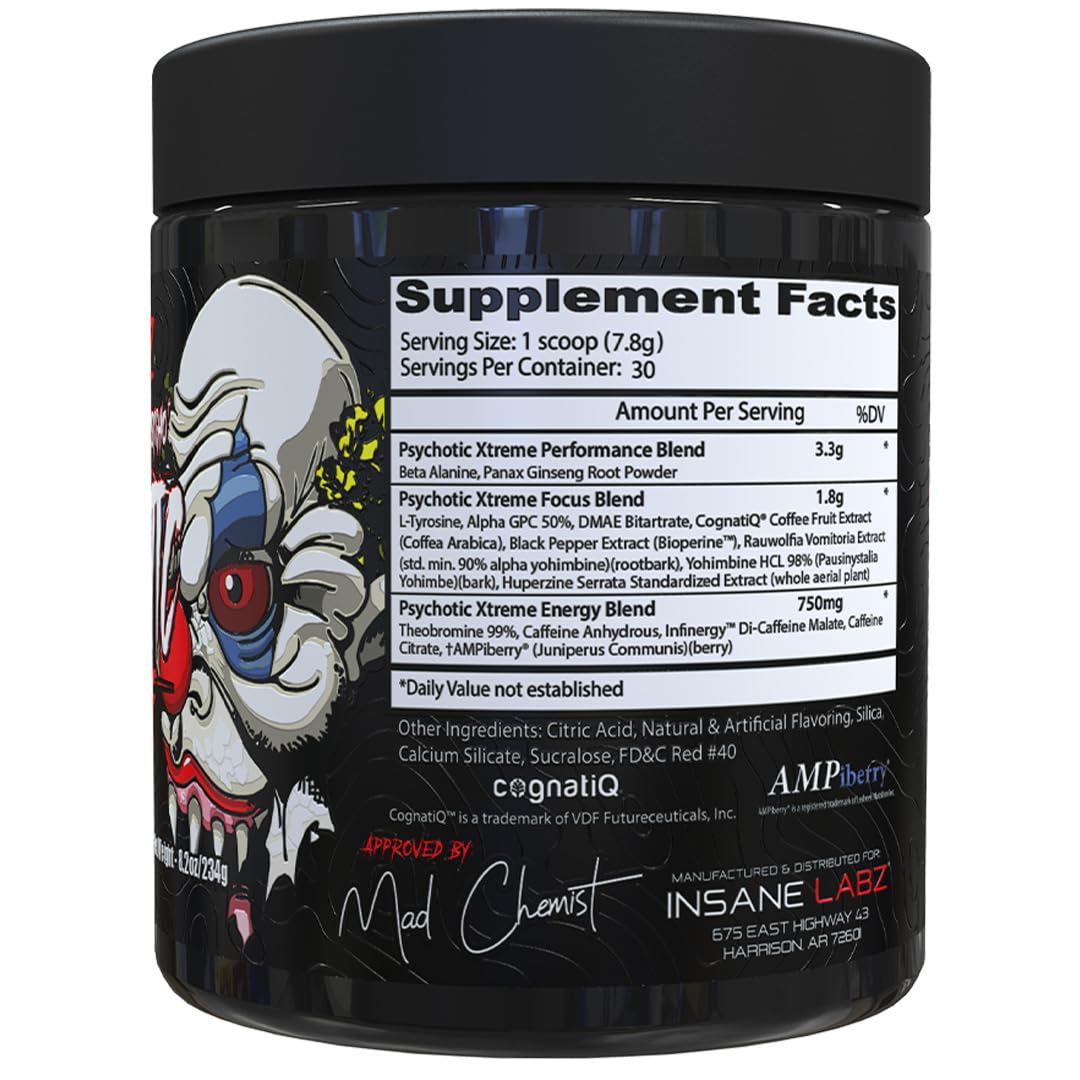 Insane Labz Psychotic Xtreme, High Stimulant Pre Workout Powder, Extreme Lasting Energy, Focus and Endurance with Beta Alanine, Panax Ginseng, Theobromine, DMAE (30 Servings, Fruit Punch)