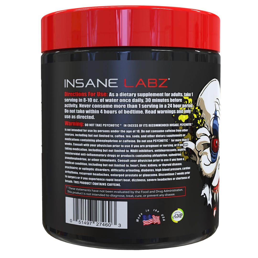 Insane Labz Psychotic, High Stimulant Pre Workout Powder, Extreme Lasting Energy, Focus and Endurance with Beta Alanine, Creatine Monohydrate DMAE, 35 Srvgs (Fruit Punch)