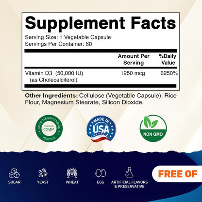 Vitamatic Vitamin D3 50,000 IU (as Cholecalciferol), Once Weekly Dose, 1250 mcg, 60 Veggie Capsules 1 Year Supply, Progressive Formula Helping Vitamatic