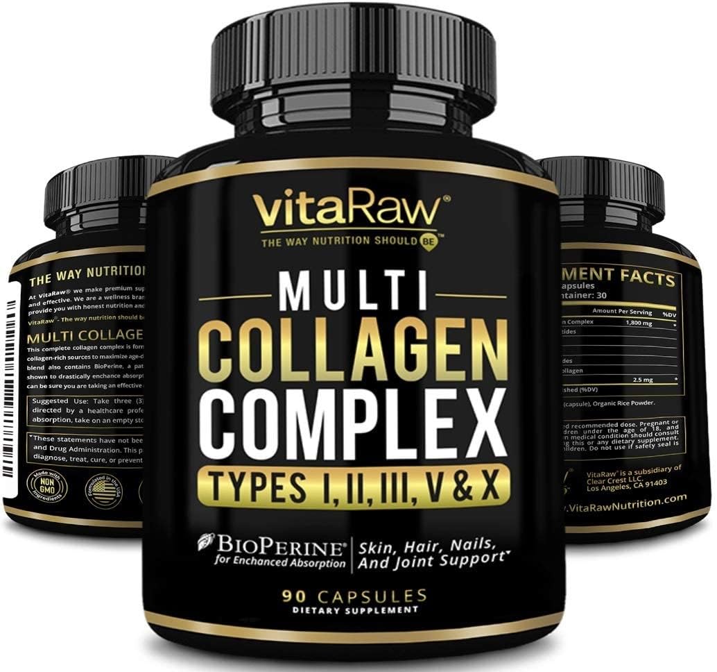 VitaRaw Collagen Pills 1800 mg - Multi Collagen Supplements (Types I, II, III, V & X) Grass Fed Non GMO Collagen Peptides Pills for Hair, Skin and Joints - Hydrolyzed Collagen Protein Powder VitaRaw buy australia supplements