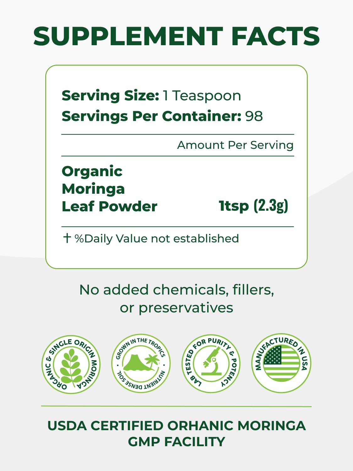 PURA VIDA MORINGA Organic Moringa Powder, Premium 100% Leaf Powder Single Origin - USDA Organic Moringa Oleifera Leaf PURA VIDA MORINGA