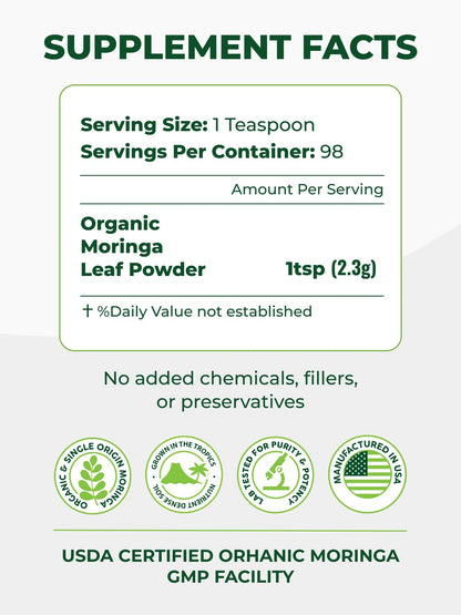 PURA VIDA MORINGA Organic Moringa Powder, Premium 100% Leaf Powder Single Origin - USDA Organic Moringa Oleifera Leaf PURA VIDA MORINGA