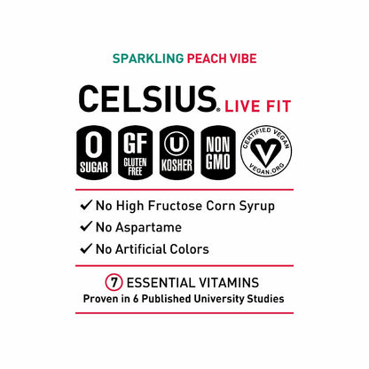 CELSIUS Sparkling Peach Vibe, Functional Essential Energy Drink, 12 Fl Oz