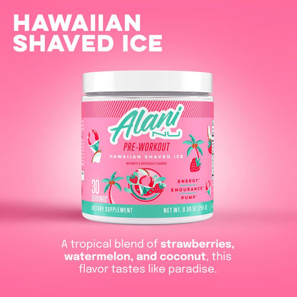 Alani Nu Pre Workout Powder Hawaiian Shaved ICE, Amino Energy Boost, Endurance Supplement, Sugar Free, 200mg Caffeine Alani Nu