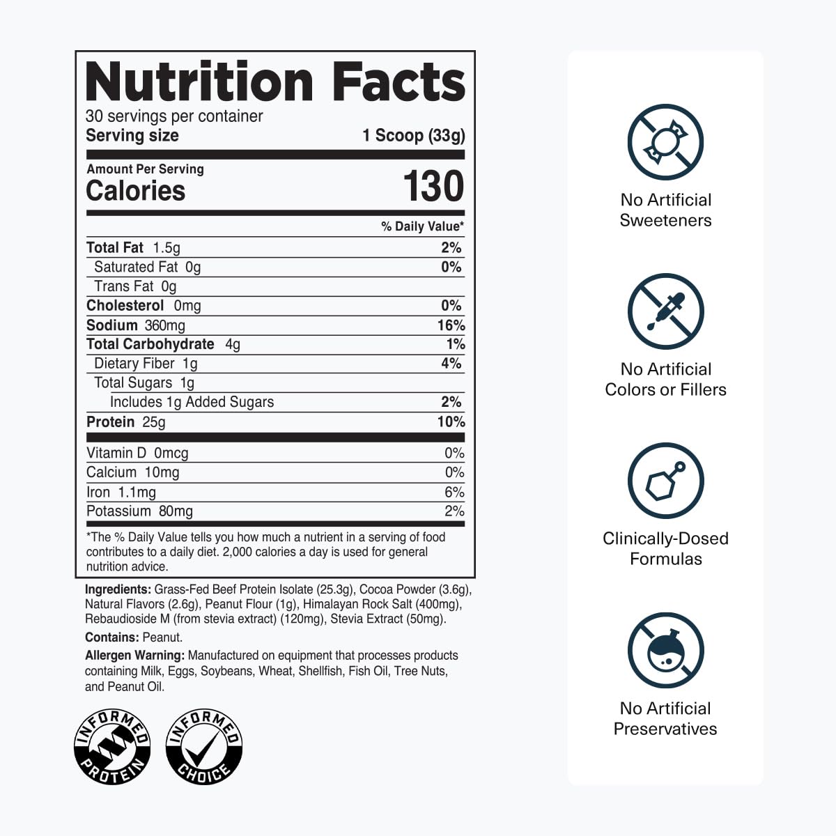 Transparent Labs Grass-Fed Beef Isolate Protein Powder – Naturally Flavored, Dairy-Free Protein with 25g of Protein per Serving for Increased Recovery & Strength - 30 Servings, Chocolate Peanut Butter