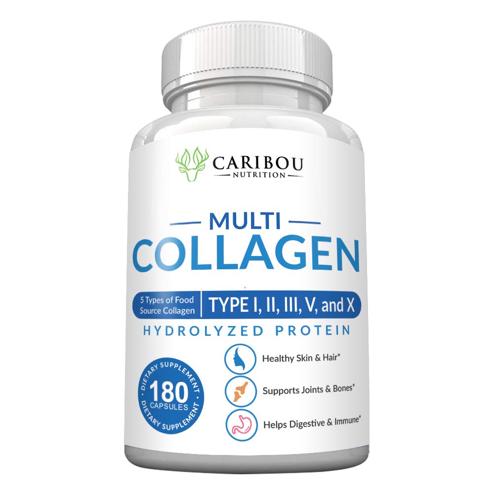 Multi Collagen Pills - 180 Collagen Pills - Type I, II, III, V & X Collagen Capsules - Unique Blend of Collagen Peptides Capsules - Wild Fish, Eggshell, Caribou Nutrition