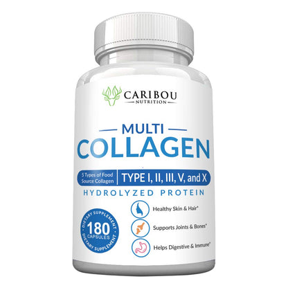 Multi Collagen Pills - 180 Collagen Pills - Type I, II, III, V & X Collagen Capsules - Unique Blend of Collagen Peptides Capsules - Wild Fish, Eggshell, Caribou Nutrition