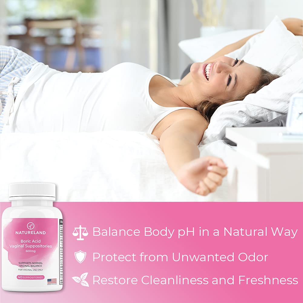 Natureland Boric Acid Suppositories for Women - 600mg, 40 Count - Made in USA - Feminine Care for pH Balance & Odor Control - Unscented Intimate Health Support Natureland buy australia supplements
