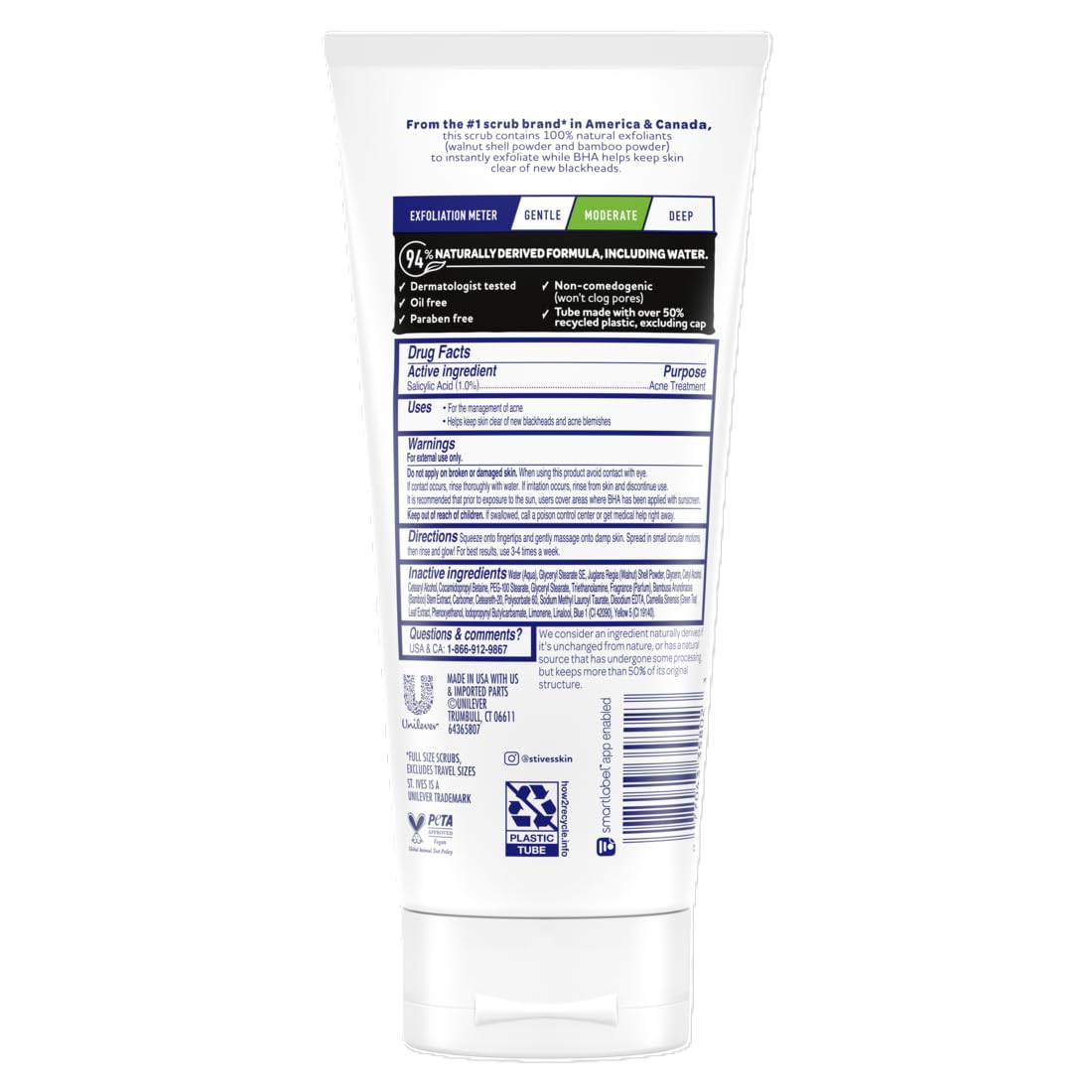 St. Ives Blackhead Clearing Face Scrub, Clears Blackheads & Unclogs Pores, Green Tea & Bamboo, Salicylic Acid Acne Treatment Facial Scrub, Moderate Exfoliator Skin Care with Natural Exfoliants 6 oz St. Ives