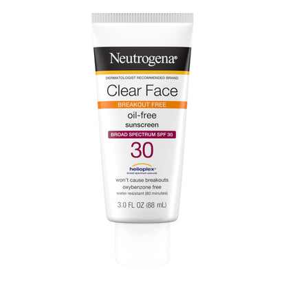 Neutrogena Clear Face Sunscreen for Acne-Prone Skin SPF 30, Broad Spectrum Facial Sunscreen Lotion, Lightweight, Non Comedogenic, Oil-, Fragrance- & Oxybenzone Neutrogena