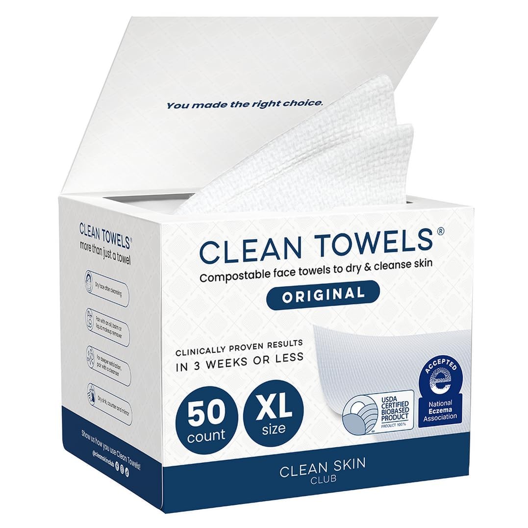 Clean Skin Club Clean Towels XL®, 100% USDA Biobased Face Towel, Disposable Face Towelette, Eczema Association Accepted, Makeup Remover Dry Wipes, Ultra Soft, 1 Pack, 50 Ct CLEAN SKIN CLUB