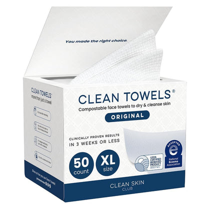 Clean Skin Club Clean Towels XL®, 100% USDA Biobased Face Towel, Disposable Face Towelette, Eczema Association Accepted, Makeup Remover Dry Wipes, Ultra Soft, 1 Pack, 50 Ct CLEAN SKIN CLUB