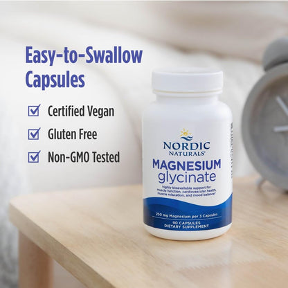 Nordic Naturals Vegetarian Magnesium Glycinate Capsules, Unflavored, 90 Count - 250mg Magnesium per Serving - Highly Bioavailable Support for Muscle & Cardiovascular Nordic Naturals