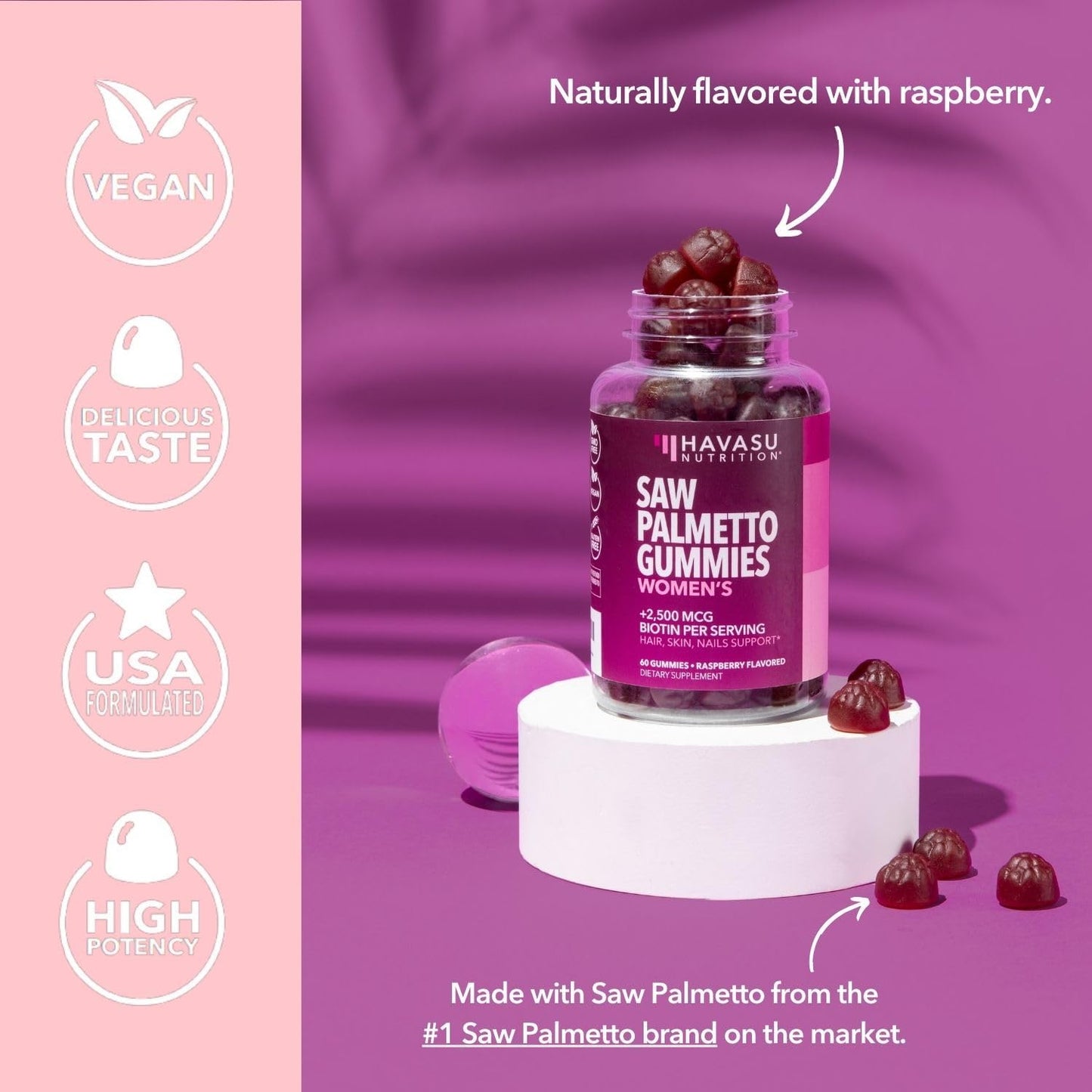 Saw Palmetto Gummies for Women, Raspberry, 60ct, 2500mcg Biotin | DHT Blocker & Hair, Skin, Nail Health Gummies, Supports Stronger-Looking Hair, Raspberry Flavor, 1 Month Supply Gsupps Australia