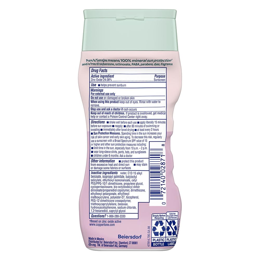 Coppertone Pure and Simple Baby Sunscreen Lotion SPF 50, Zinc Oxide Mineral Sunscreen for Babies, Hypoallergenic and Tear Free, 6 Fl Oz Bottle Coppertone