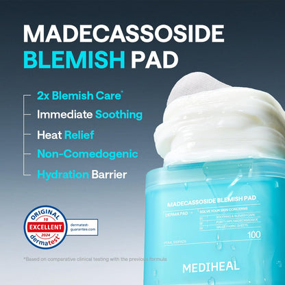 MEDIHEAL Toner Pads 100 Count - Madecassoside Blemish Care Toner Pad with Centella Asiatica - Improves Uneven Skin Tone & Deep Hydration Mediheal