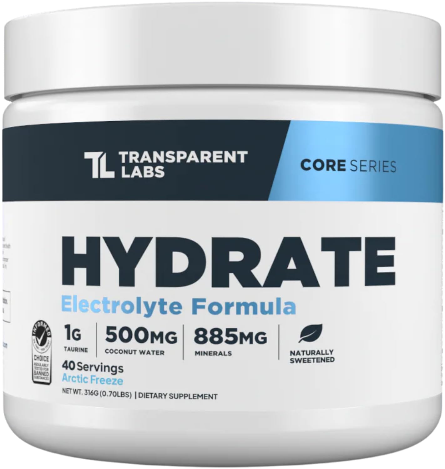 Transparent Labs Hydrate Naturally Sweetened Electrolytes Powder - Hydration Powder Electrolytes with Coconut Water, Calcium, Taurine, & Potassium - 40 Servings, Tropical Punch