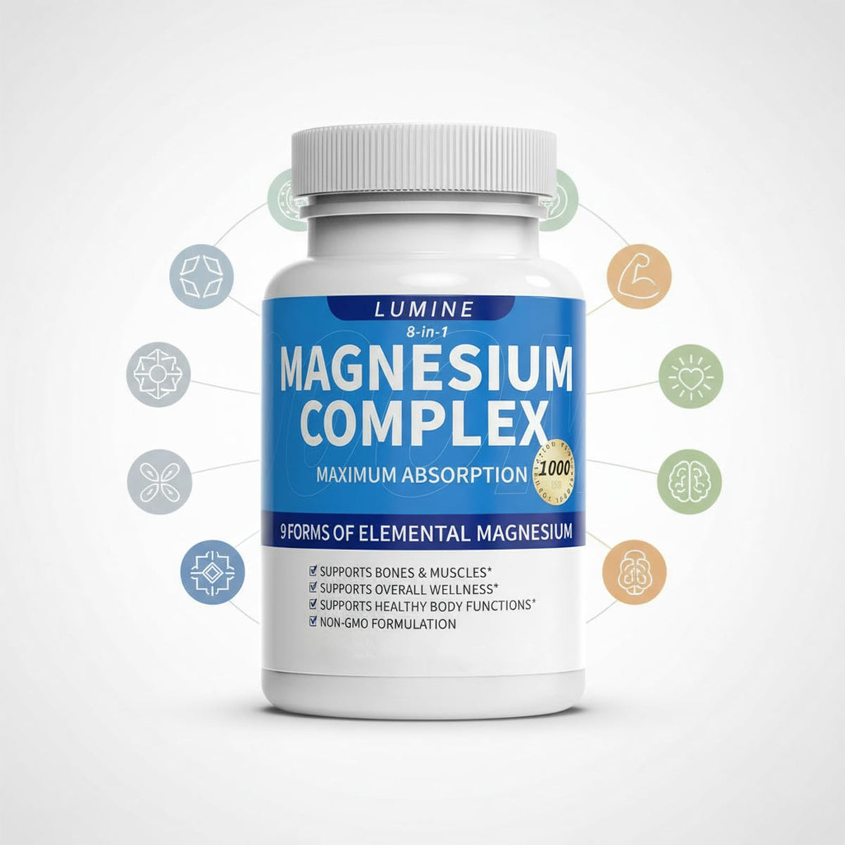 Lumine Magnesium Complex Supplement - Advanced 8-in-1 Elemental 1000mg- Glycinate, Citrate, Malate, Taurate LUMINE
