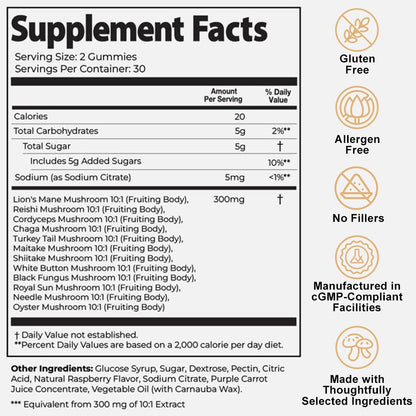 Auri Nutrition Super Mushroom Daily Gummies – All-in-One Functional Gummy with 12 Mushroom Blend Including Lion’s Mane Auri