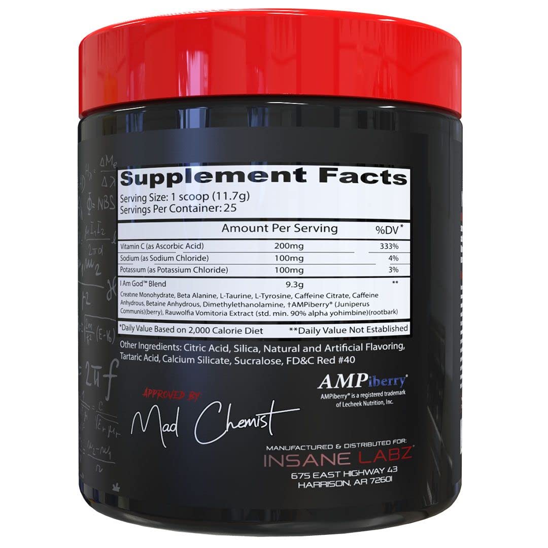 Insane Labz I am God Pre Workout, High Stim Pre Workout Powder Loaded with Creatine and DMAE Bitartrate Fueled by AMPiberry, Energy Focus Endurance Muscle Growth,25 Srvgs,Drink Ye All of It