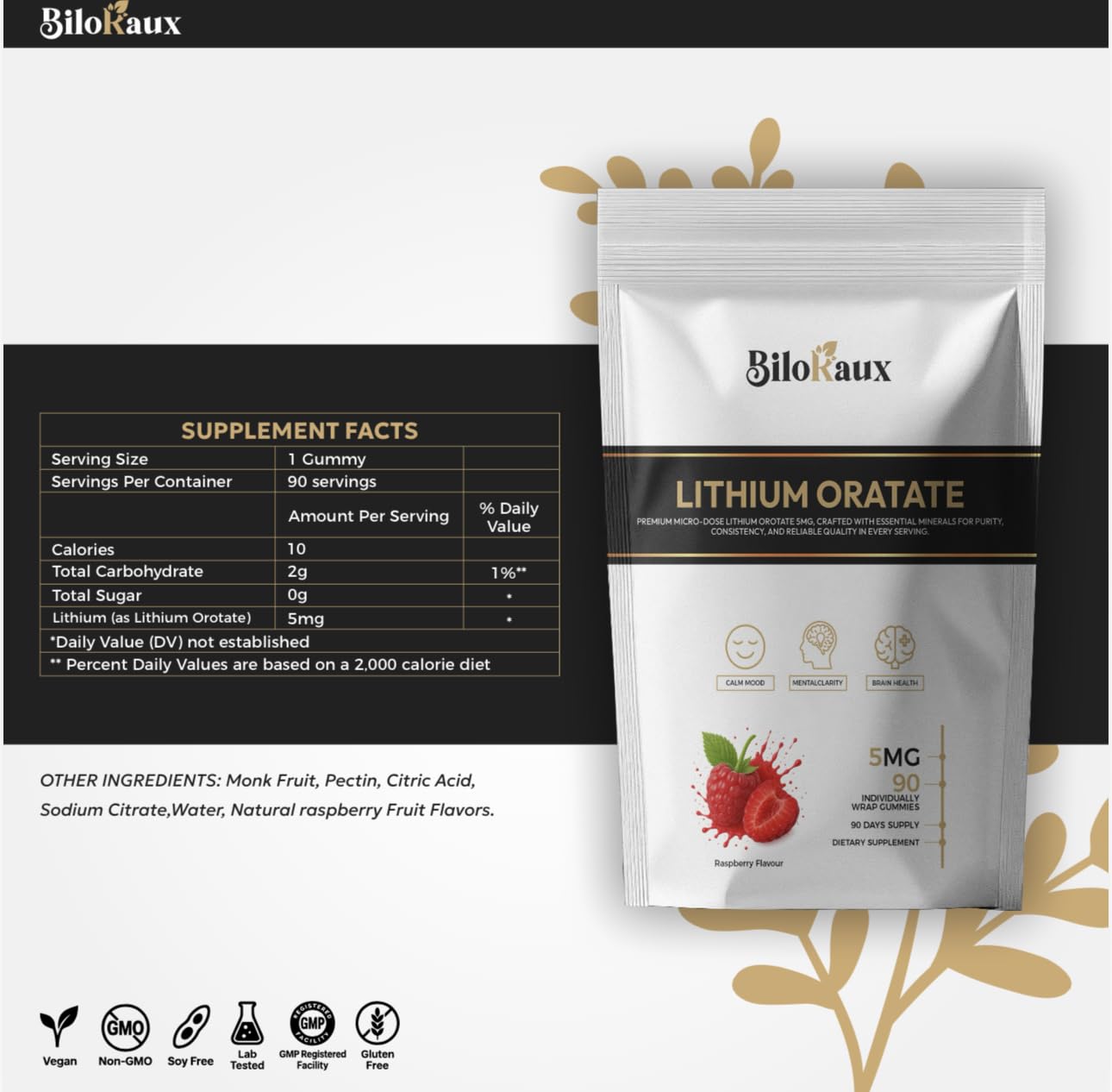 BiloRaux Lithium Orotate 5mg Gummies – Premium Microdose Lithium Supplement for Calm Balance & Focus – Natural Raspberry Flavour – 90 Vegan Gummies BiloRaux