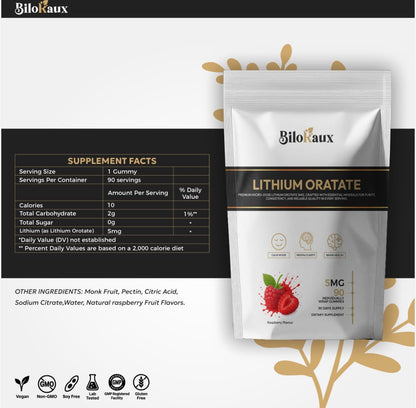BiloRaux Lithium Orotate 5mg Gummies – Premium Microdose Lithium Supplement for Calm Balance & Focus – Natural Raspberry Flavour – 90 Vegan Gummies BiloRaux