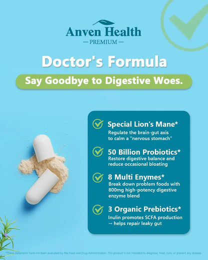 Anven Health 800mg Digestive Enzymes for Men and Women with Probiotics & Prebiotics, 8 Key Enzymes, Protease, Amylase & Lipase | 270 Capsules - A 90-Day Supply Anven Health