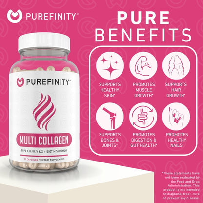 PUREFINITY Collagen Peptides for Women – Type I, II, III, V & X with Biotin & Hyaluronic Acid, Supports Healthy Skin, Bones, Hair & Nails – Non-GMO, Grass-Fed (90 Capsules, 1 Month Supply)