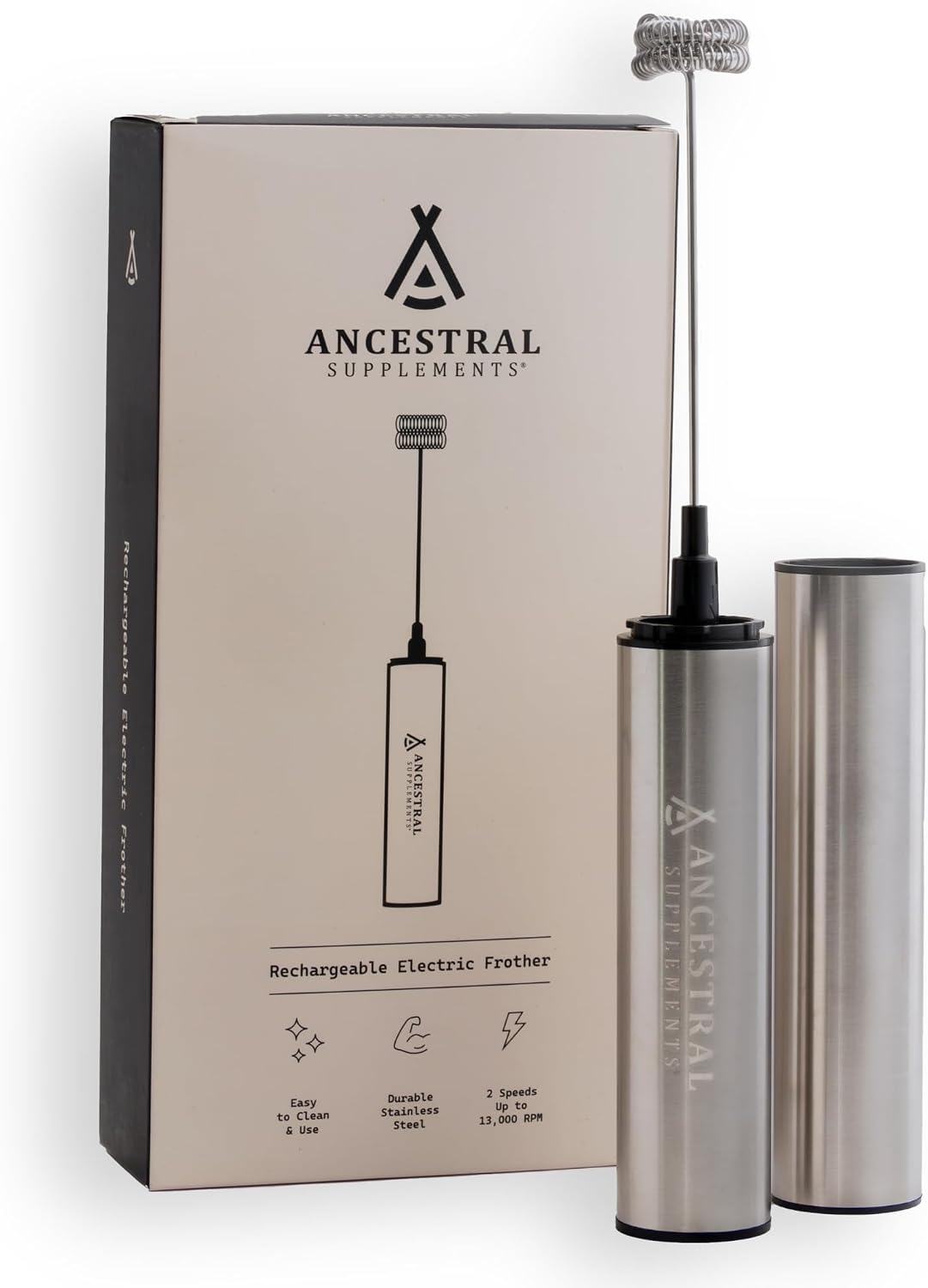 Ancestral Supplements Frother Wand, Rechargeable Electric Hand Mixer, Milk, Coffee, Matcha Latte or Protein Shake Blender, Stainless Steel Handheld Drink Stirrer, Double Whisk, Easy and Fast Frothing